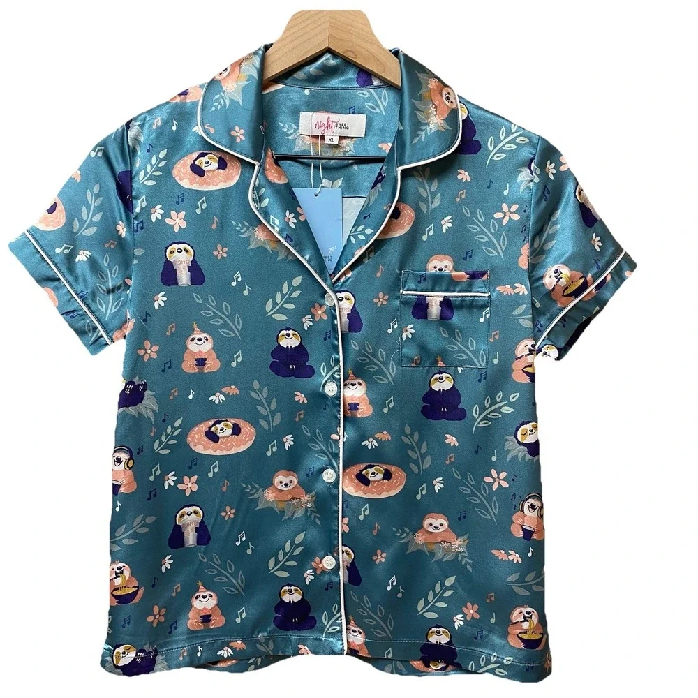 NWT Sloth Satin Pajama Top Girls XL Teal Kawaii Sleep Shirt